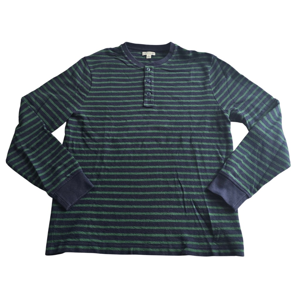J Crew Knit Goods Henley Shirt Mens L Navy Green Stripe 100% Cotton Long Sleeve